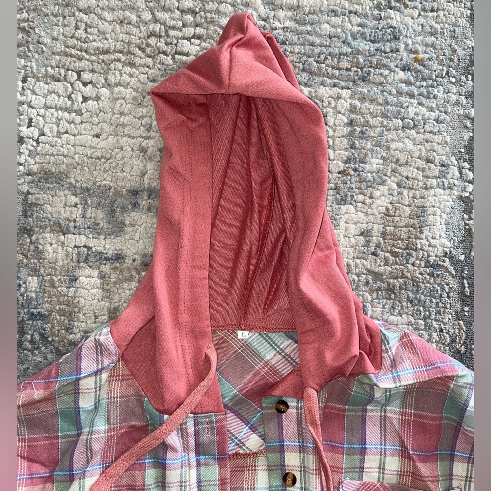 Plaid Button-Up Shirt with Hood size large - Picture 3 of 3